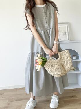 夏季新款韩国夏季圆领小排扣条纹无袖长款连衣裙甜美Long dress