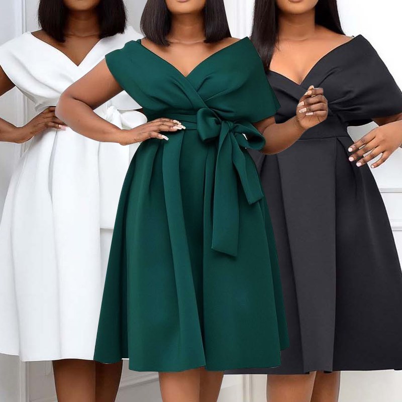 2022 Summer Plus Size Women Clothing短袖V领露肩大摆连衣裙