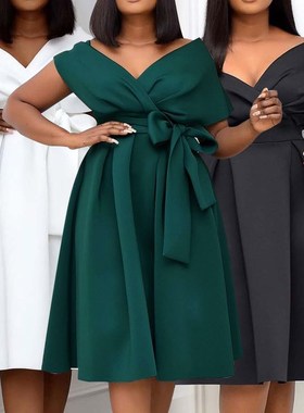 2022 Summer Plus Size Women Clothing短袖V领露肩大摆连衣裙