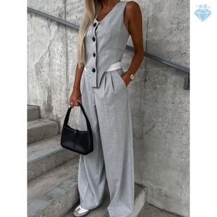 Ruched 套装 Vest 马甲长裤 Top Set无欧美袖 Colorblock Pants