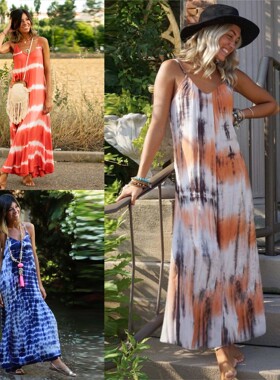 2020夏新款欧美亚马逊爆款印花扎染吊带连衣裙长裙 Women dresses