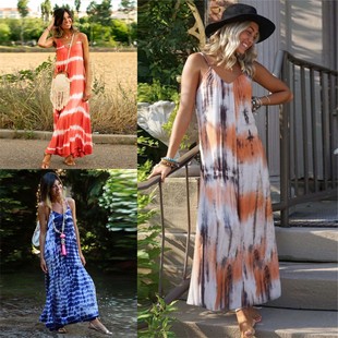 Women 印花扎染吊带连衣裙长裙 dresses 欧美亚马逊爆款 2020夏新款
