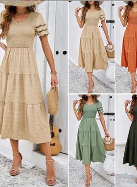 女裙黑色裙Summer Orange Pleated Short Sleeved A-line Dresses