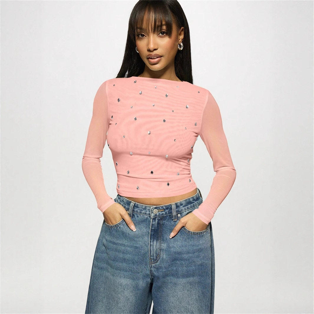 Women's printed slim fit hollow out long sleeved T-shirt