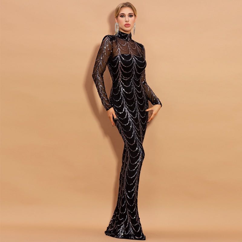 Sequins Women Maxi Dresses Long Sleeve Female Party Dresses