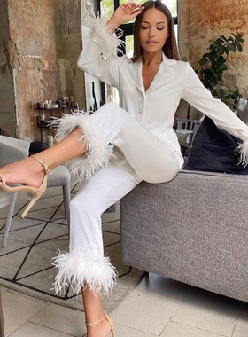 Women's solidcolor lapel top feather pants two-piece set羽毛