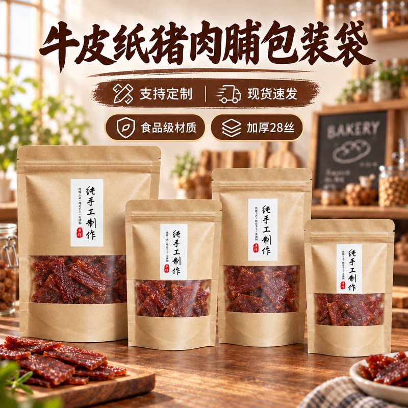 纯手工制作猪肉脯包装袋加厚牛皮纸开窗食品自封袋零食干货分装袋