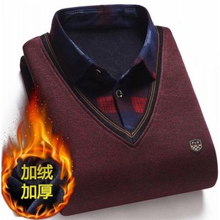 男士爸爸秋装上衣服假两件毛衣加绒打底衫秋冬厚款中老年人爷爷装