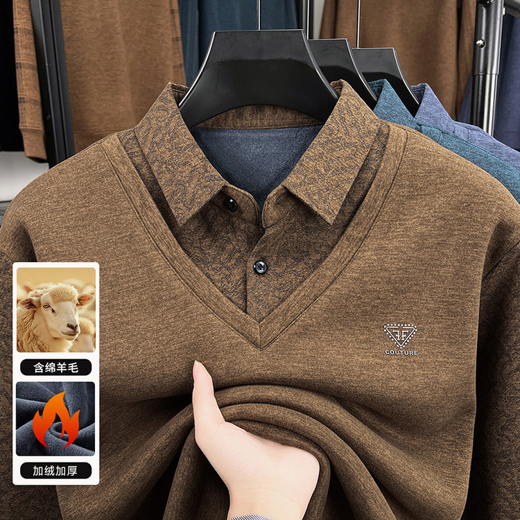 新款男士假两件衬衫领针织衫加绒加厚保暖毛衣冬季打底衫爸爸装