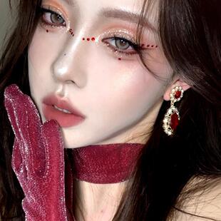 【红颜如霜】法式复古宫廷风耳钉女中古红色宝石闪钻水滴耳夹耳环