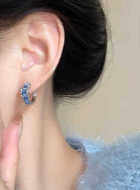 【蓝色海洋】不规则蓝色锆石耳圈女小众设计感简约时尚耳饰耳扣