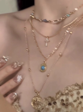 多层镶钻绿松石十字架坠项链女