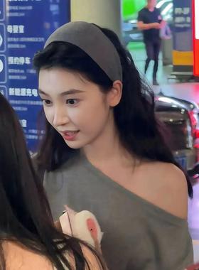 易梦玲同款灰色针织发箍女百搭时尚高颅顶头箍遮发缝加宽坑条发带