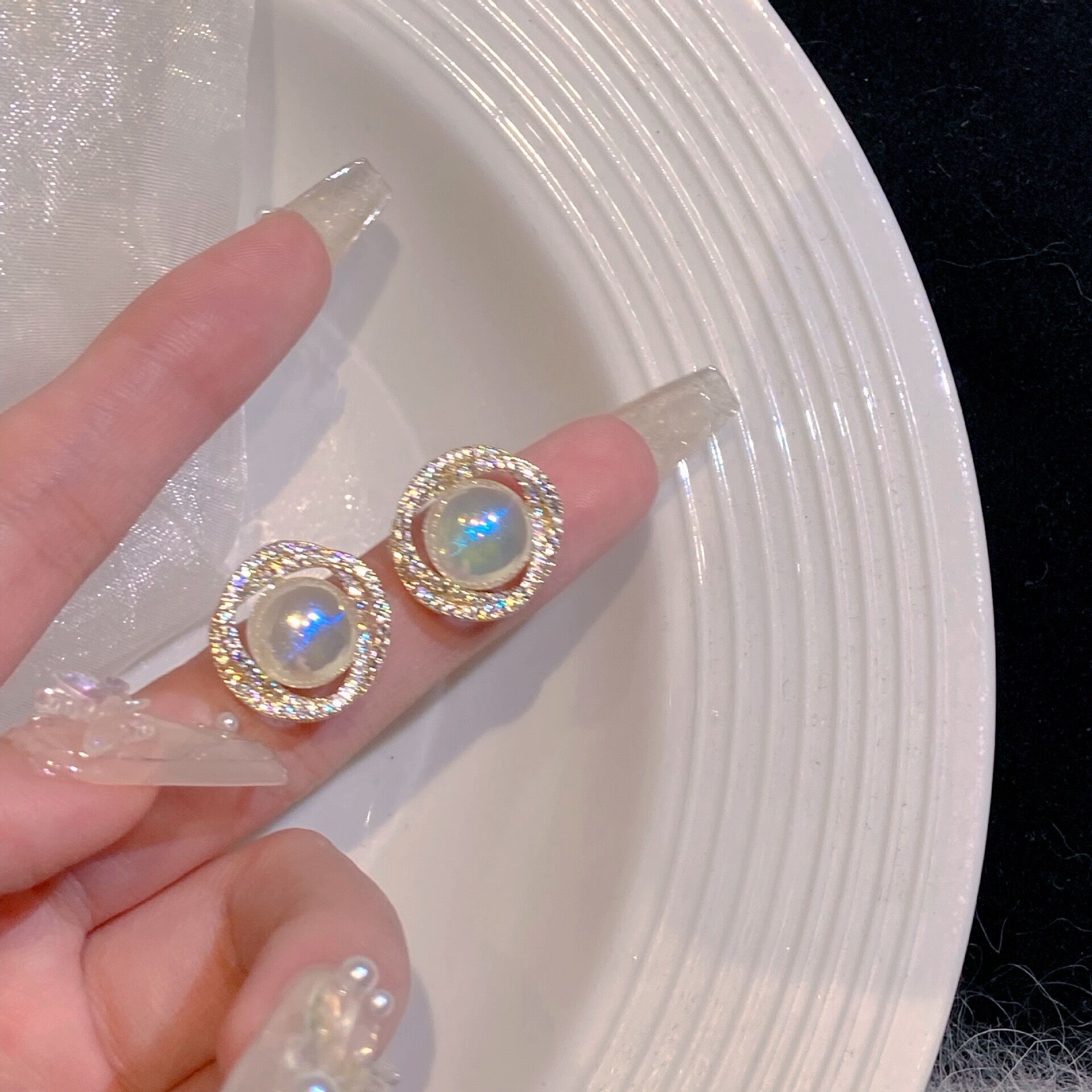 法式高级甜美锆石珍珠耳钉耳夹女