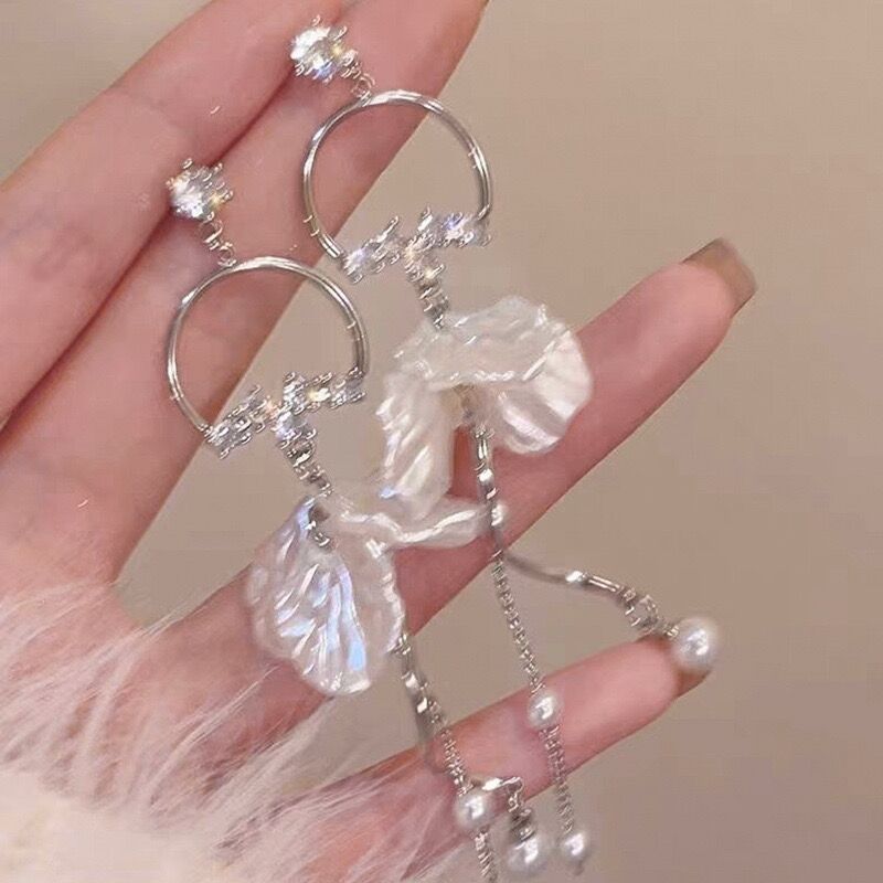 超仙镶钻贝壳花朵珍珠银针耳钉女
