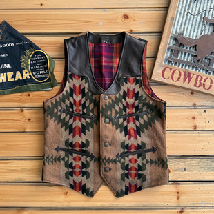 美式复古纳瓦霍图腾马甲头层牛皮拼接毛呢西部牛仔背心