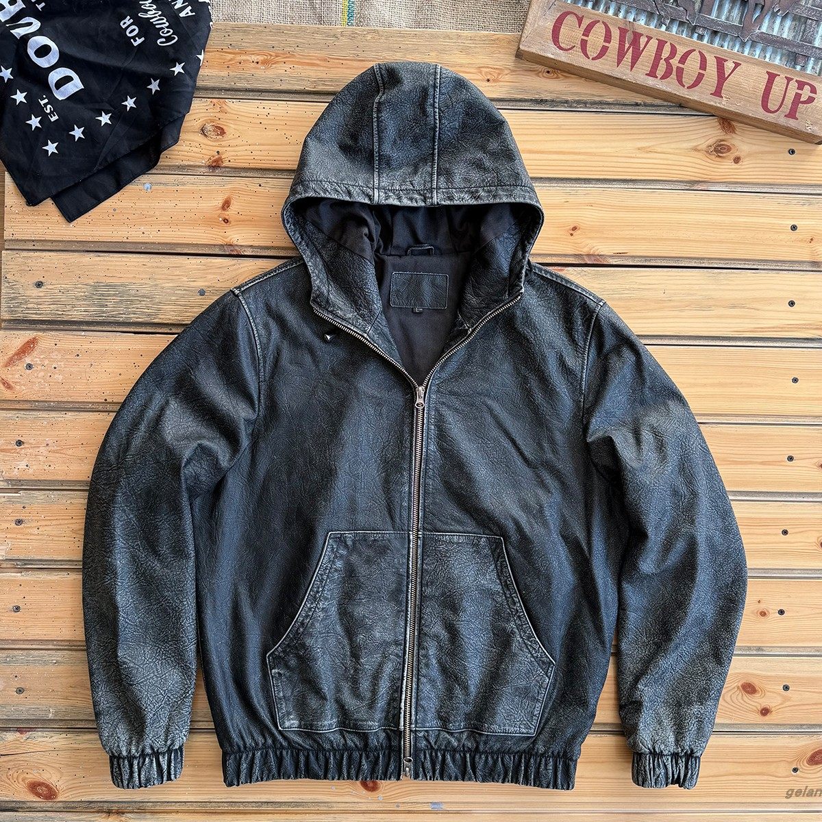 美式复古做旧牛皮皮夹克外套男头层牛皮真皮连帽街头宽松薄款