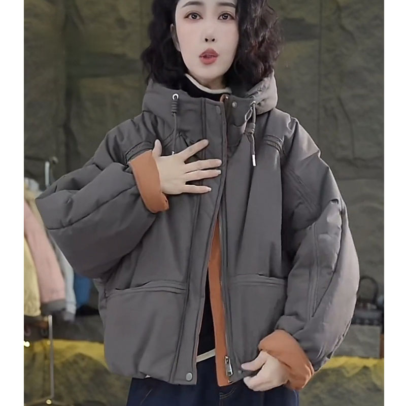 韩版连帽撞色棉服女2024冬季新款洋气百搭宽松保暖时尚休闲棉衣潮