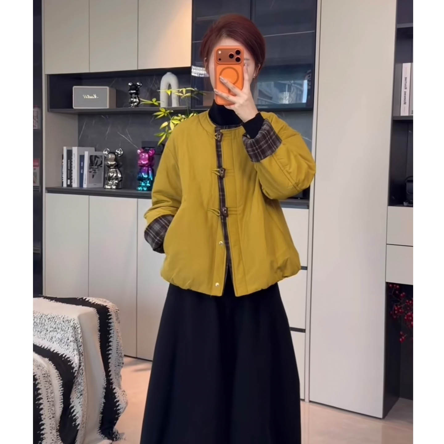 设计感撞色棉衣女圆领格子拼接
