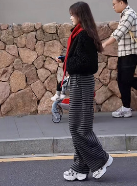 条纹阔腿裤女冬季加厚宽松显瘦2025新款爆款百搭加绒弯刀休闲裤子