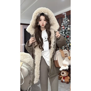 加绒加厚连帽派克服女冬中长款 百搭休闲毛毛外套 保暖洋气2025新款