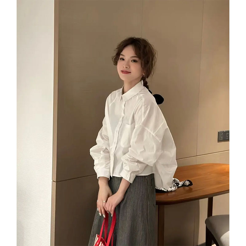 短款白色衬衫女2025春季新款韩版减龄时尚百搭小个子长袖翻领衬衣