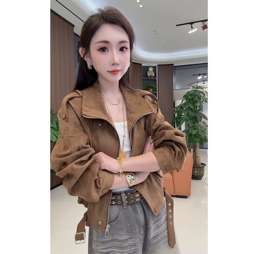 小个子翻领麂皮绒外套女短款气质
