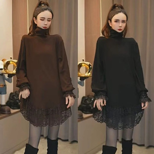 高领中长款蕾丝拼接加绒打底衫女2025秋冬新款百搭长袖内搭上衣潮