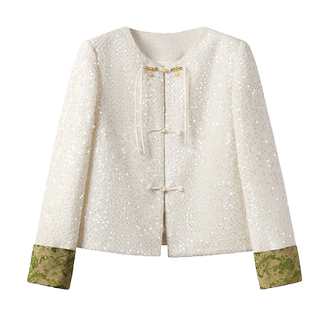 高级感定制亮片新中式国风外套女2025春款盘扣拼色设计感短款上衣