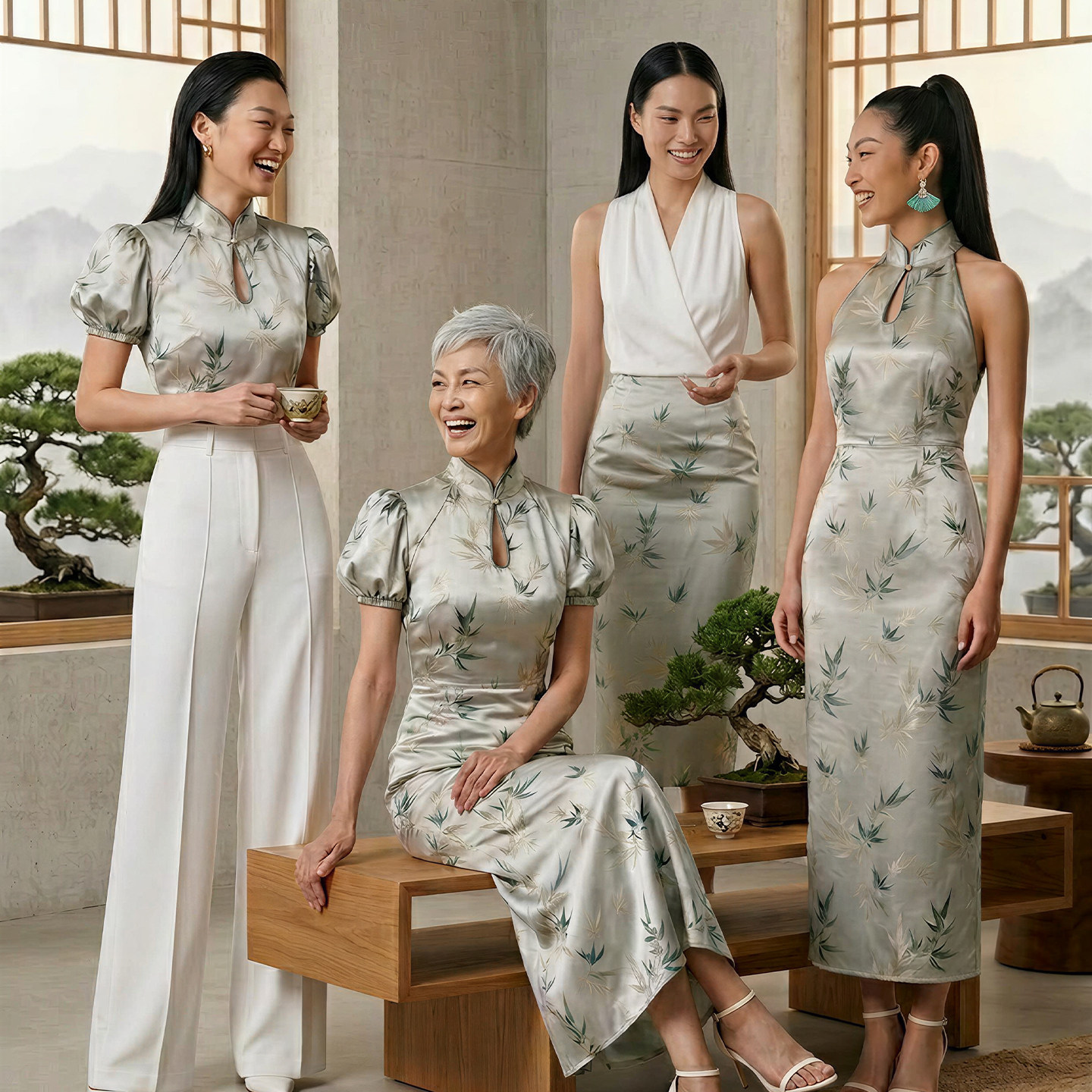 ＜真丝/东方竹影＞竹叶刺绣提花新中式旗袍连衣裙削肩短袖