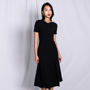 BRAND BY MEI【经典小黑裙】纯黑色修身A字摆连衣裙通勤优雅简约