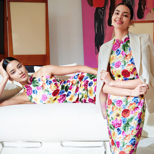 真丝混纺烂花烧过膝时髦削肩修身新中式旗袍