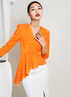 BRAND BY MEIV领丝绒荷叶边不规则长袖橘色衬衫