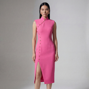 剪裁多巴胺粉色连衣裙 改良旗袍slimfit修身 芭比旗袍 玫粉色新中式