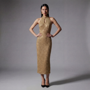 奢品重工金色手工钉珠古法削肩时髦现代新中式旗袍