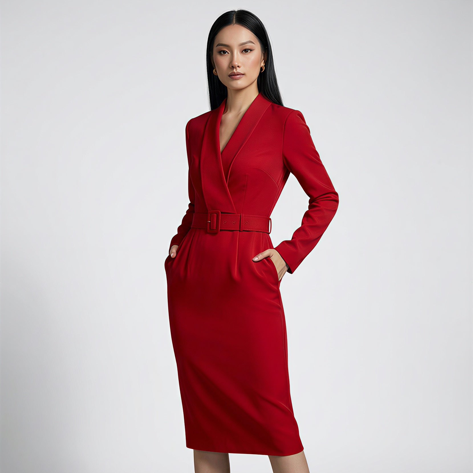 美剧大女主经典升级红色围脖V领过膝长袖修身连衣裙