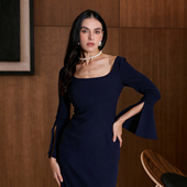 皇室蓝贵族优雅方领设计感袖 口开衩修身 包臀连衣裙