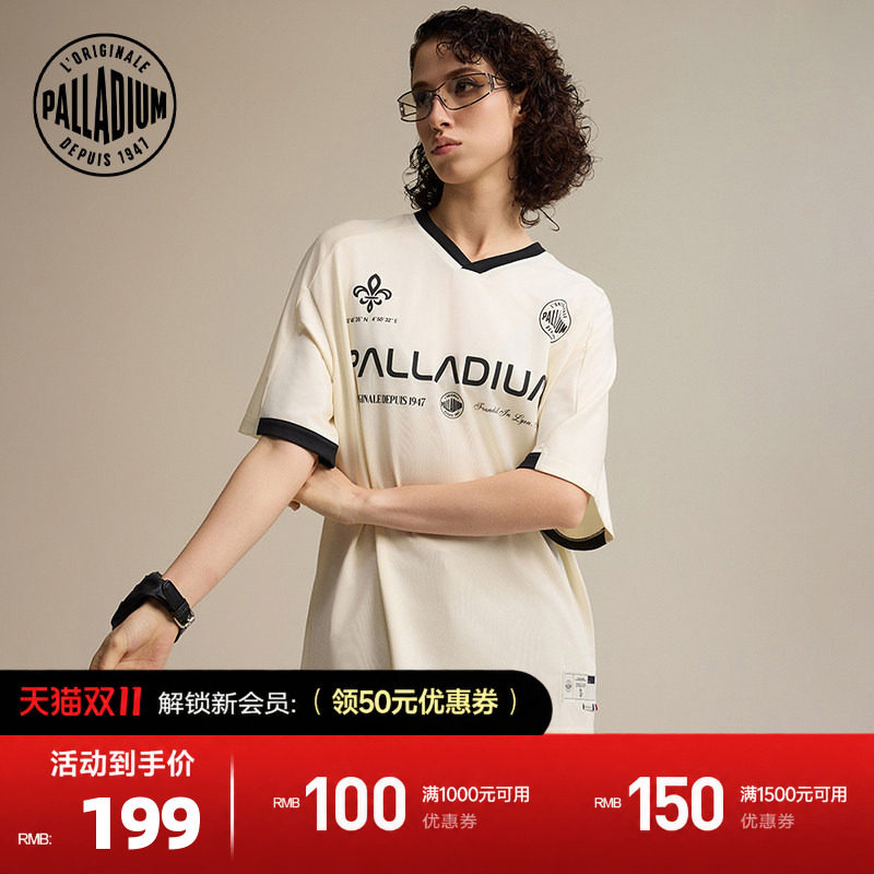 PALLADIUM帕拉丁明星同款复古运动宽松印花男女V领短袖T恤