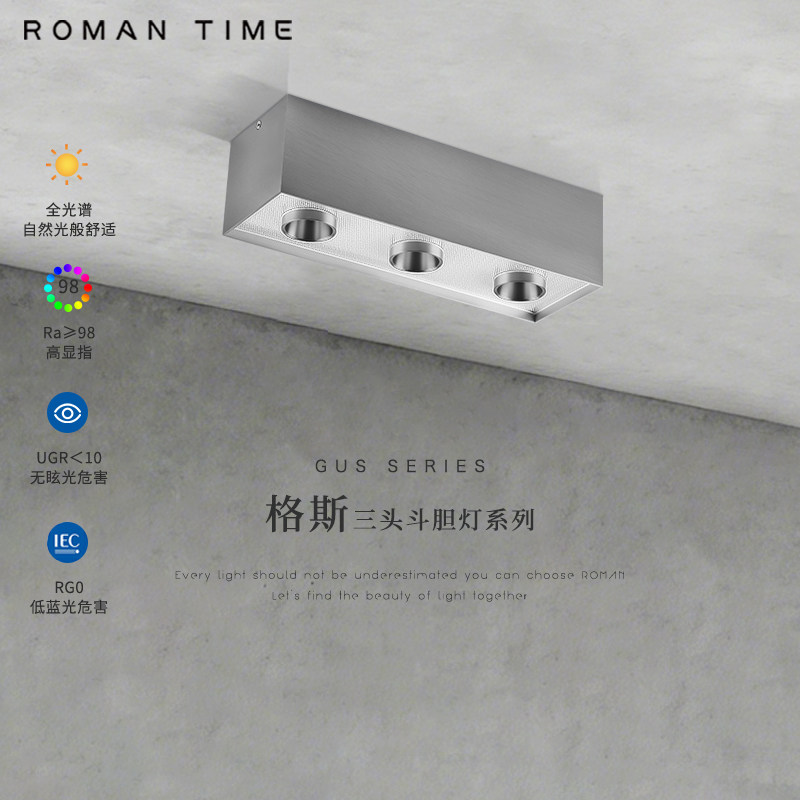 长形三头明装筒灯无主灯客厅照明吸顶灯斗胆灯不锈钢色包豪斯射灯
