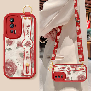 适用红米k60手机壳redmik60pro新款女生k60e红色玫瑰腕带支架挂绳小羊皮k60至尊版保护套全包防摔硅胶k6o软外