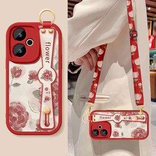 适用红米turbo4手机壳redmiturbo3新款女小米turbo4pro红色玫瑰腕带支架挂绳小羊皮保护套防摔25053RT47C软壳