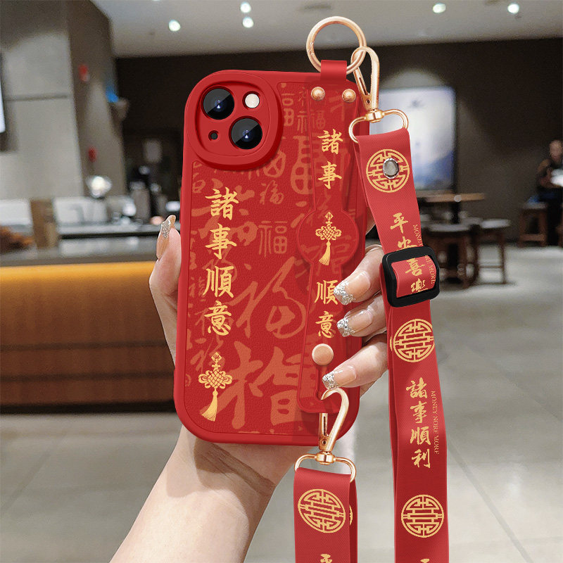 适用苹果13手机壳iphone13pro新款女士诸事顺意13mini背带斜跨腕带挂绳13promax小羊皮保护套iphone硅胶软壳