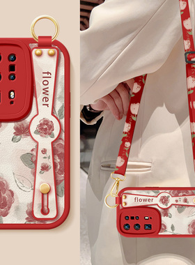 适用华为p40手机壳p40pro+新款女士p40pro红色玫瑰P30腕带支架挂绳小羊皮p20Pro保护套5g防摔硅胶软高级外壳