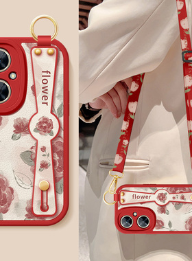 适用华为畅享60手机壳畅想60x新款女士60pro红色玫瑰腕带支架挂绳小羊皮保护套硅胶软壳MGA-AL40高级超薄外壳