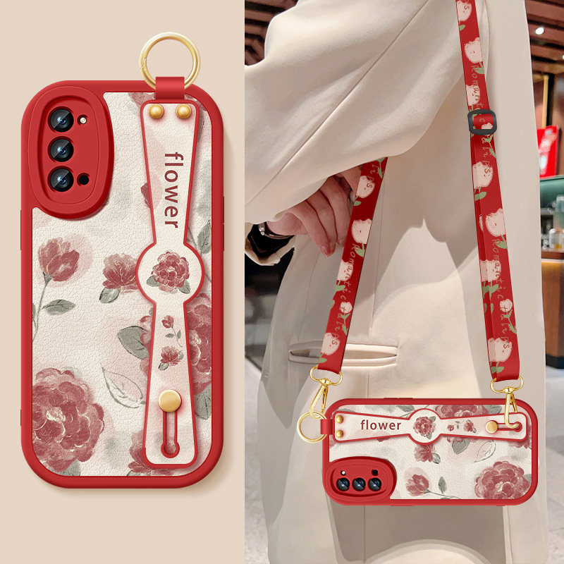 适用opporeno4手机壳reno4pro新款女reno4se红色玫瑰腕带支架挂绳4Pro小羊皮保护套5g防摔OPPO高级硅胶软外壳