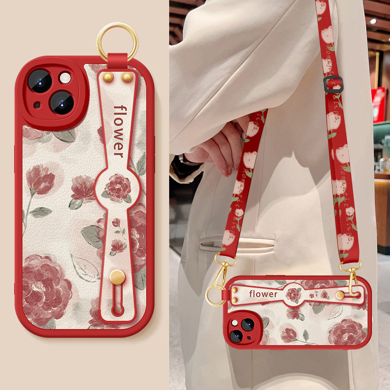 适用苹果13手机壳iphone13pro新款女士IP13mini红色玫瑰腕带挂绳ip12promax小羊皮11pro防摔ip11保护套硅胶软