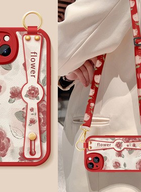 适用苹果13手机壳iphone13pro新款女士IP13mini红色玫瑰腕带挂绳ip12promax小羊皮11pro防摔ip11保护套硅胶软