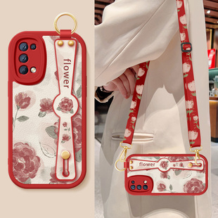 适用opporeno5手机壳reno5pro+新款女reno5k红色玫瑰腕带支架挂绳reno5Pro小羊皮防摔OPPO硅胶软5gpro+保护套