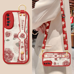 适用opporeno3手机壳新款女reno3元气版红色玫瑰Reno3pro腕带支架挂绳小羊皮保护套5g防摔OPPO高级硅胶软外壳