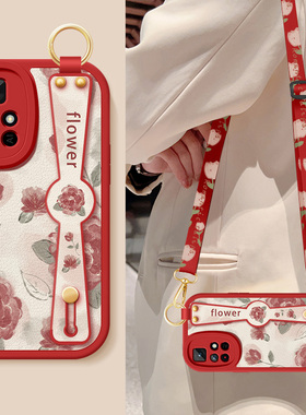 适用红米note11手机壳11pro新款女redminote11tpro+红色玫瑰腕带支架挂绳硅胶11se/11e/11rproepro防摔保护套
